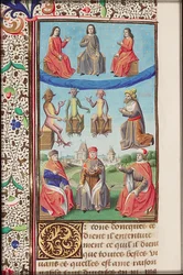 En upplyst sida i boken The City of God, fransk översättning av Raoul de Presles (1371-1375).
